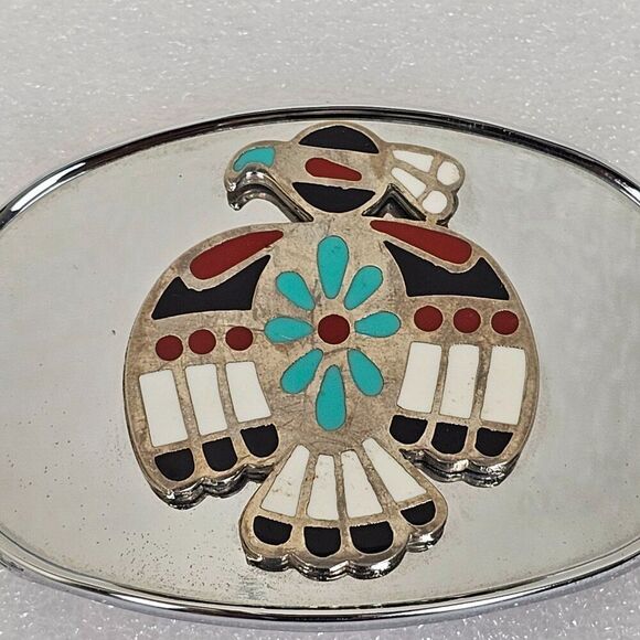Thunderbird Bird Native American Peyote Southwest 80s Vintage Inlaid Belt Buckle - Picture 2 of 8